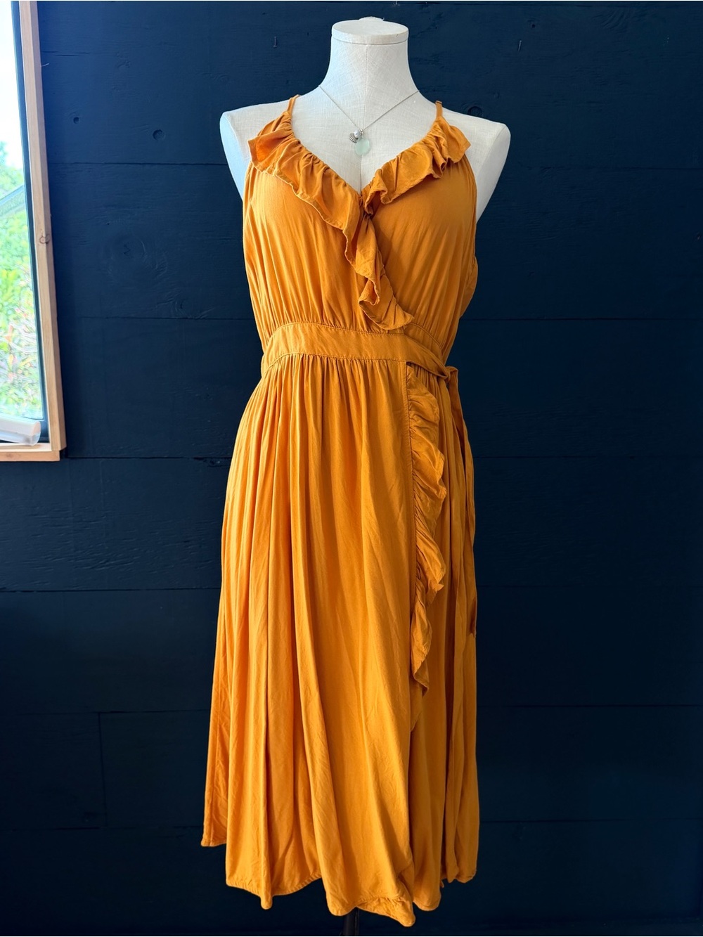 Roxy Rooftop Sunrise Yellow Halter Midi Dress with Ruffles Size M - Picture 3 of 15